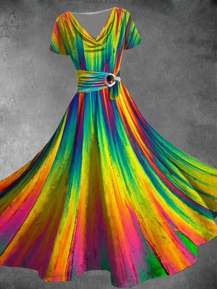 Women's Rainbow Stripe Print Maxi Dress
