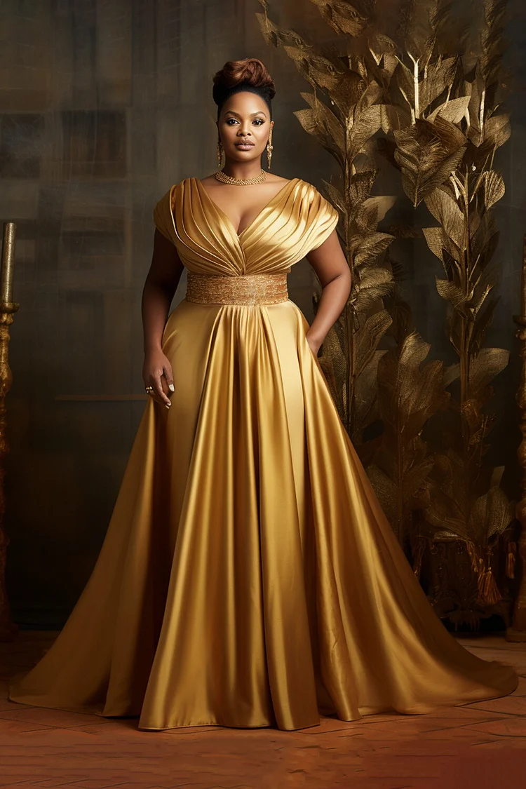 Xpluswear Design Plus Size Formal Gold V Neck Short Sleeve Pocket Satin Maxi Dresses [Pre-Order]