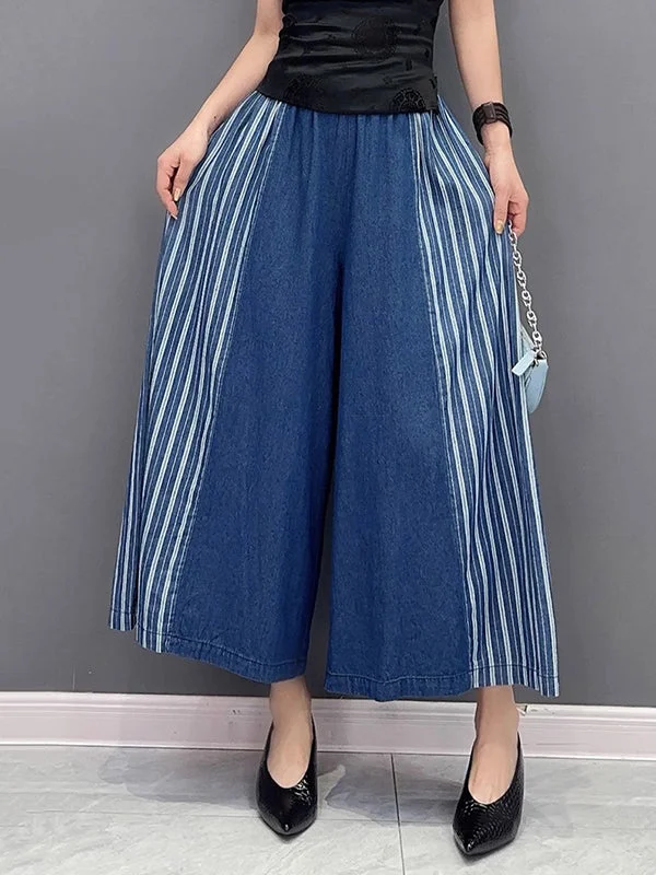 Urban Blue Elasticity Split-Joint Striped Loose Wide Leg Denim Pants