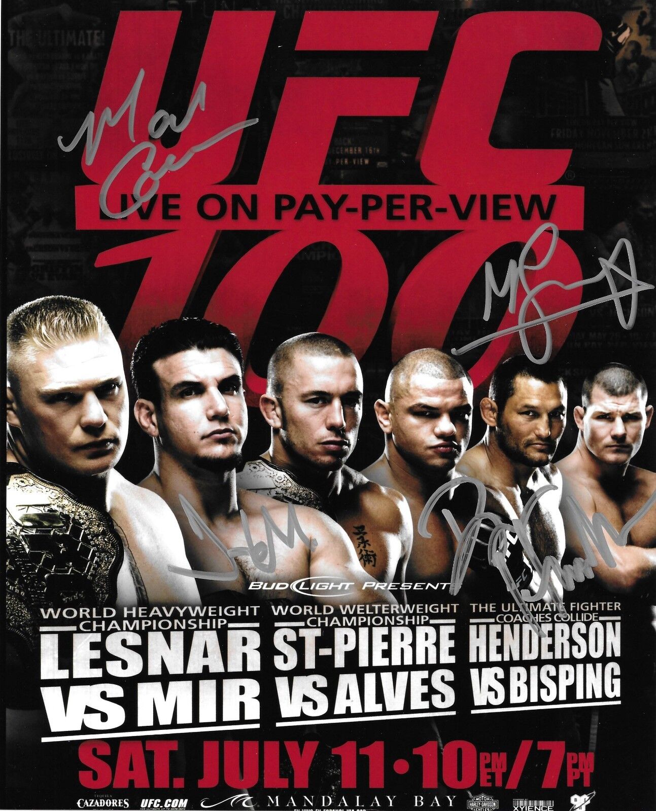 Frank Mir Mark Coleman Dan Henderson & Michael Bisping Signed UFC 100 8x10 Photo Poster painting