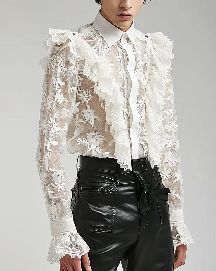 Men's Embroidered Lace Ruffle Long Sleeve Shirt