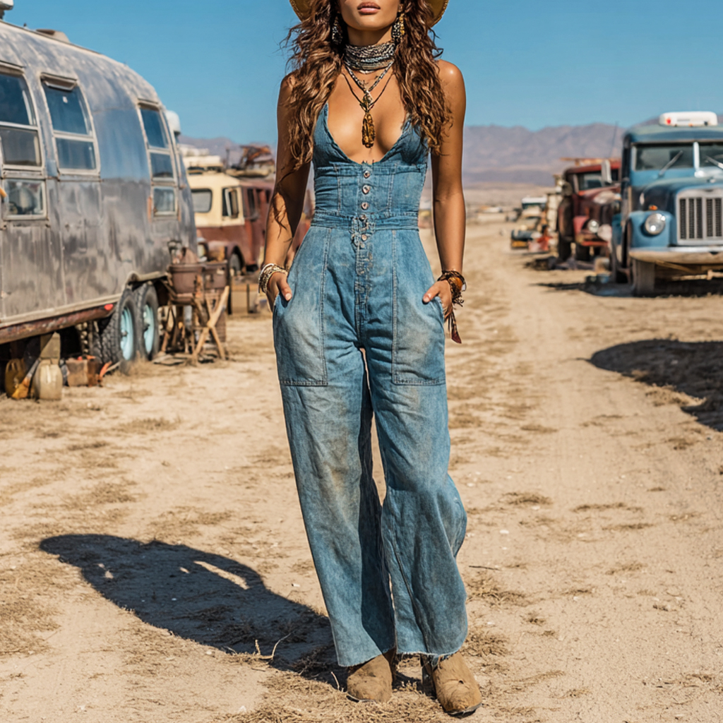 Women's Western Cowboy Style Outdoor Casual Denim Jumpsuit