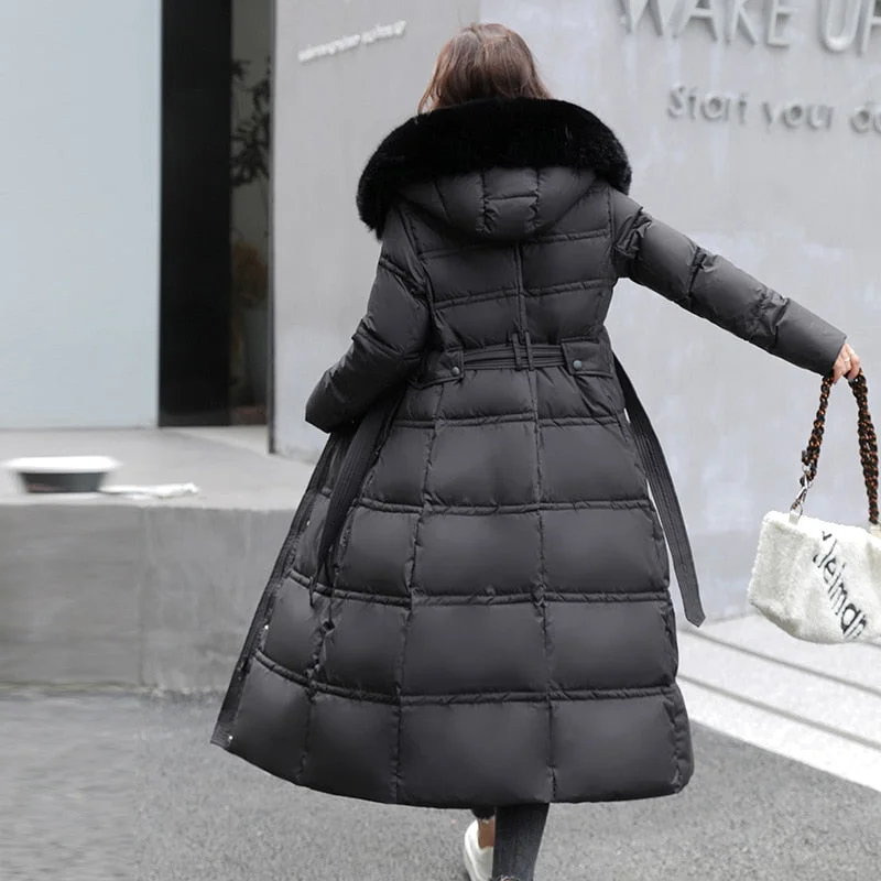 2021 Winter Jackets New Loose Big Fur Collar Mid-length Down Padded Jacket Women's Parka Long Over The Knee Waist Padded Coats