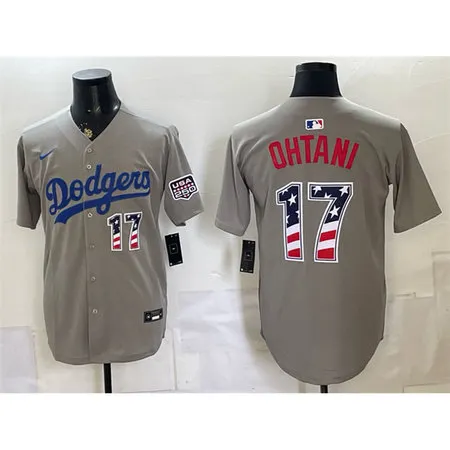 Men's Los Angeles Dodgers #17 Shohei Ohtani Grey 250 Fourth of July Road Stitched Baseball Jersey