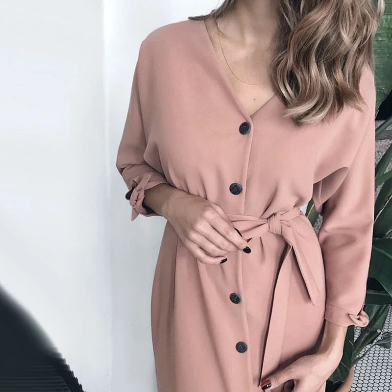 Women Vintage Front Button Sashes A-line Dress Long Sleeve Sexy V neck Solid Elegant Dress 2019 Autumn New Fashion Women Dress