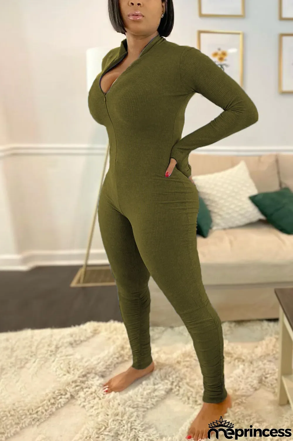 Army Green Fashion Casual Solid Basic Zipper Collar Skinny Jumpsuits