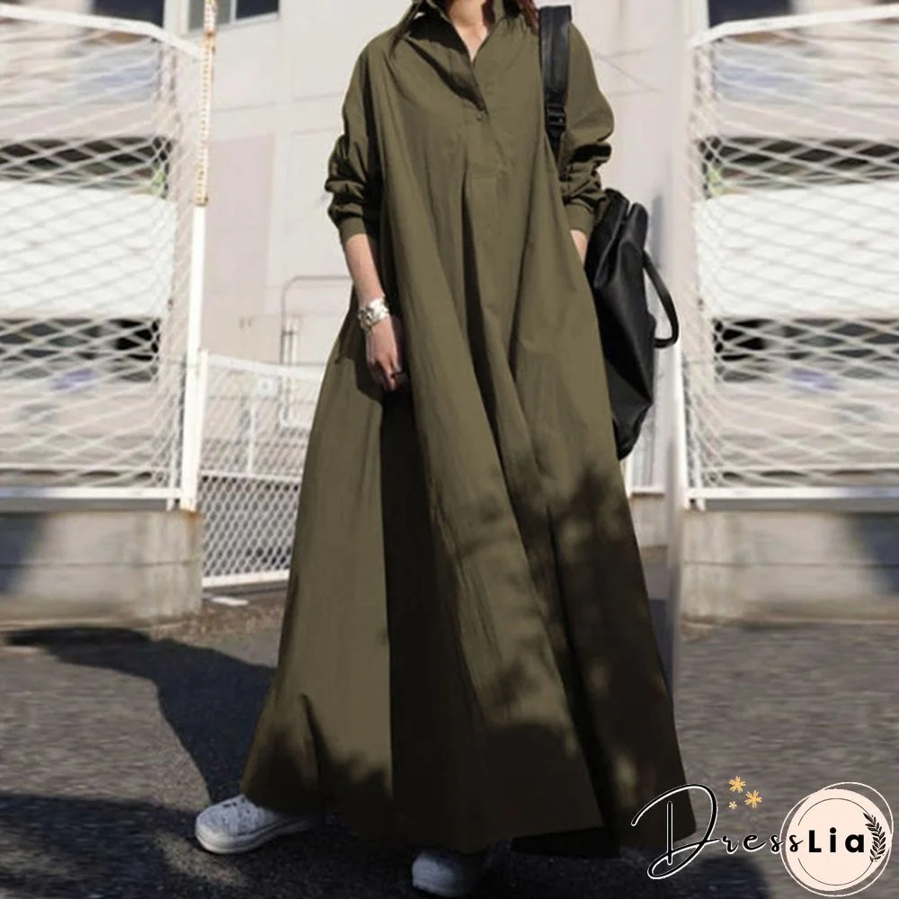 Women Turn-down Collar Long Sleeve Shirt Dress Loose Plain Maxi Blouse Dresses