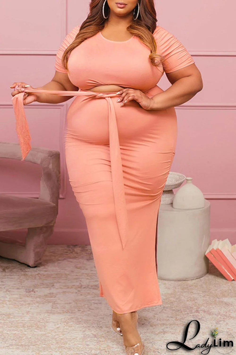 Pink Casual Solid Bandage Patchwork Slit O Neck Plus Size Two Pieces