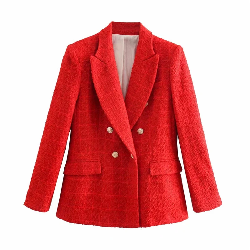 Summer Red Testured Double Breasted Blazers Women Za 2021 Vintage Lapel Pronounced Shoulders Blazer Casual Pocket Woman Blazers