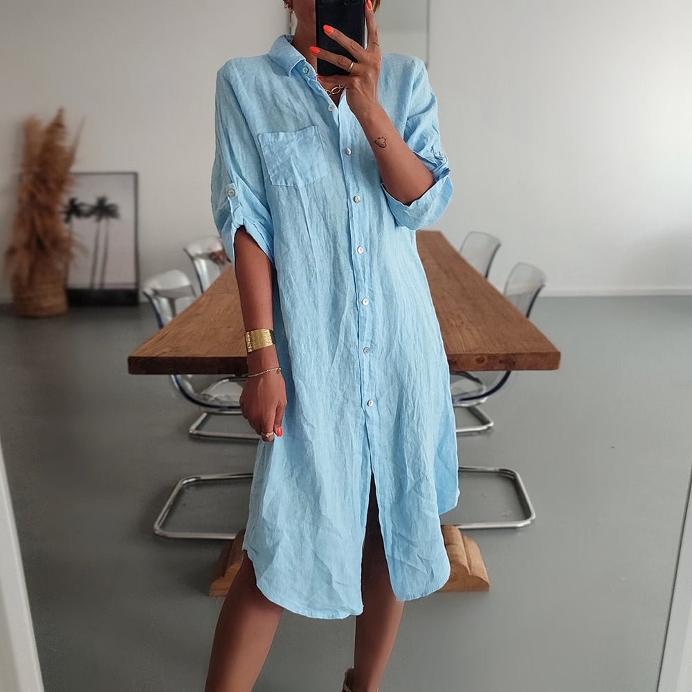 Blue 3/4 Sleeve Plain Midi Dress