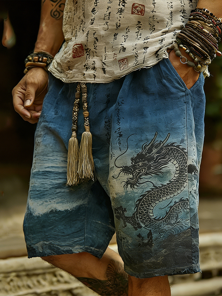 Vintage Japanese Style Dragon And Wave Linen Shorts  artssus