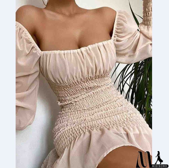 MidiSono - Pure Color Sexy Long Sleeve Chiffon Mini Dress