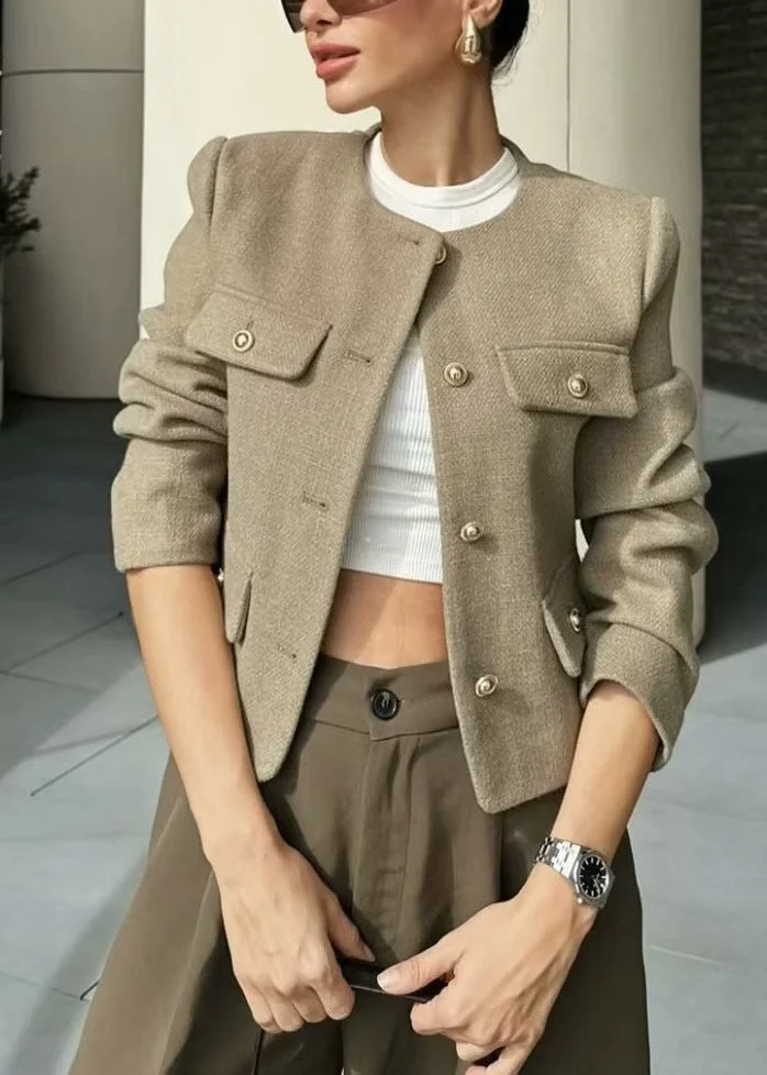 European And American Style Green O Neck Button Short Coat Spring