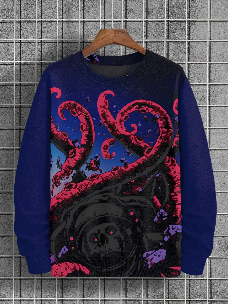 Men's Retro Ocean Octopus Skull Print Casual Sweatshirt