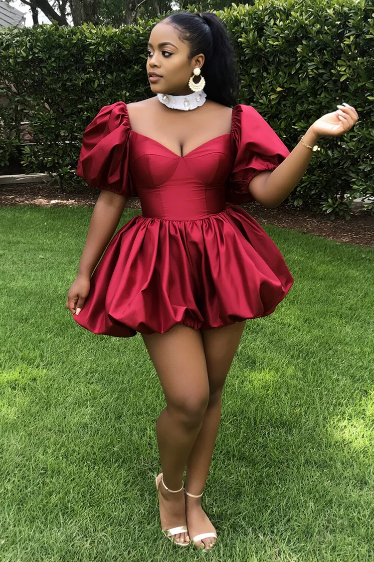 Puff Short Sleeve Cinch Waist Bubble Hem Party Mini Dresses-Red [Pre Order]