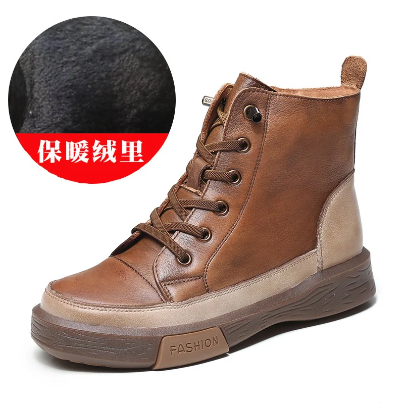 Yyvonne Martin Boots Women Retro Water Wash Skin With Beef Rib Bottom Boots Flat Base Soft Bottom Boots Plus Velvet