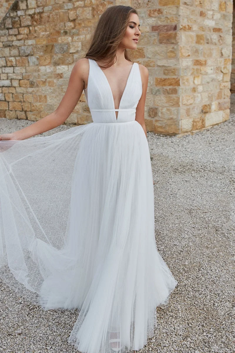 Miabel V-Neck Tulle Sleevess Wedding Dress