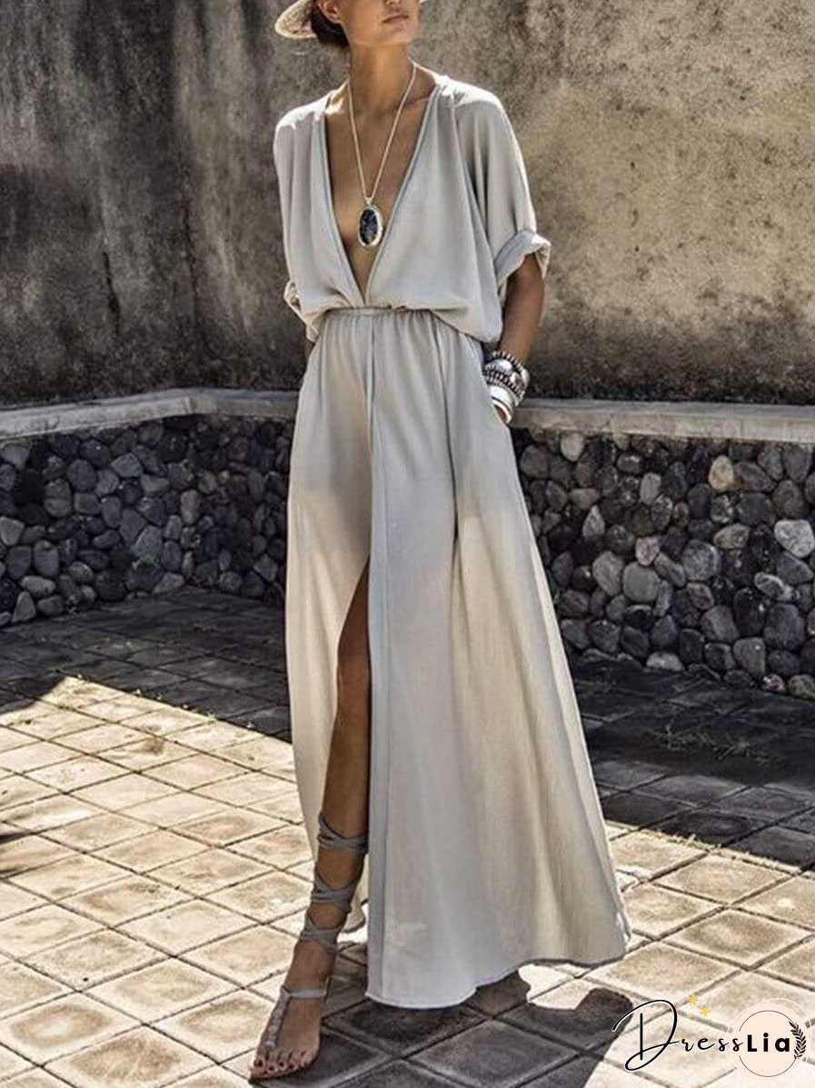 Elegant Solid Deep V Neck Split Dress