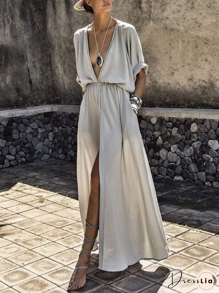 Elegant Solid Deep V Neck Split Dress