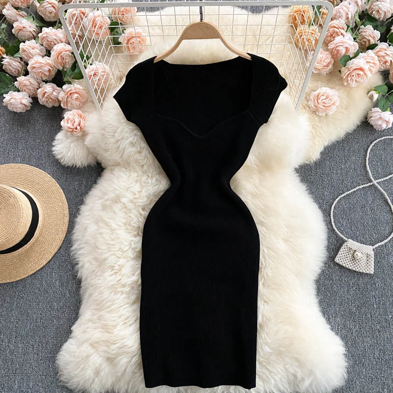 Croysier Bodycon Dress Women Summer Bustier Sweetheart Neck Cap Sleeve Ribbed Knitted Dress Night Club Tight Sexy Mini Dress