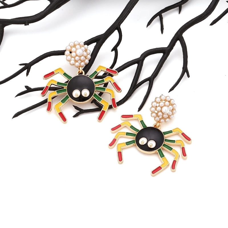 1 Pair Halloween Hip-Hop Funny Insect Spider Enamel Plating Inlay Alloy Artificial Pearls Drop Earrings