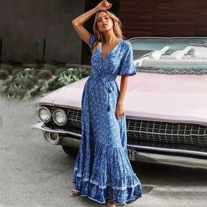 Boho Maxi Dress Women Retro Floral Print Short Sleeve V Neck High Waist Dresses Female Summer Beach Long Dress Ladies Vestidos