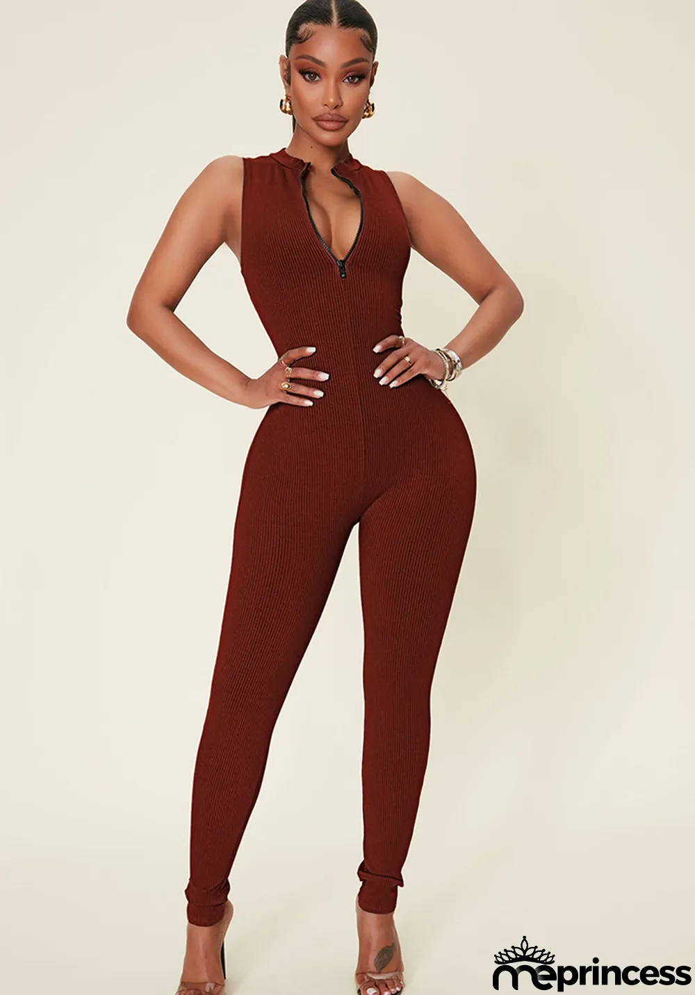 Women Spring Casual Ribbed Sleeveless Zip Jumpsuit