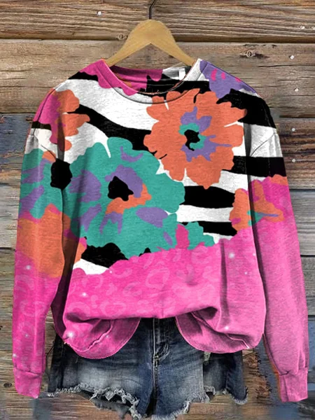 Pink Zebra Art Print Round Neck Long Sleeve Sweatshirt socialshop