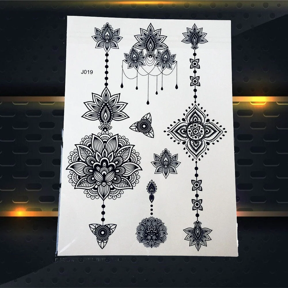 1PC Women Wedding Henna Flash Temporary Tattoo Sticker Black Elephant Ganesha Design Waterproof Fake Tattoo Elephant Chain PBJ18