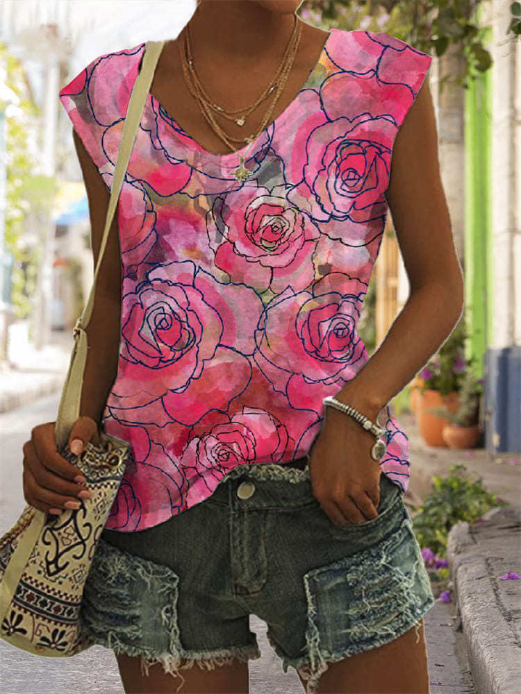 Women Long Sleeve V-neck Graphic Floral Printed Top