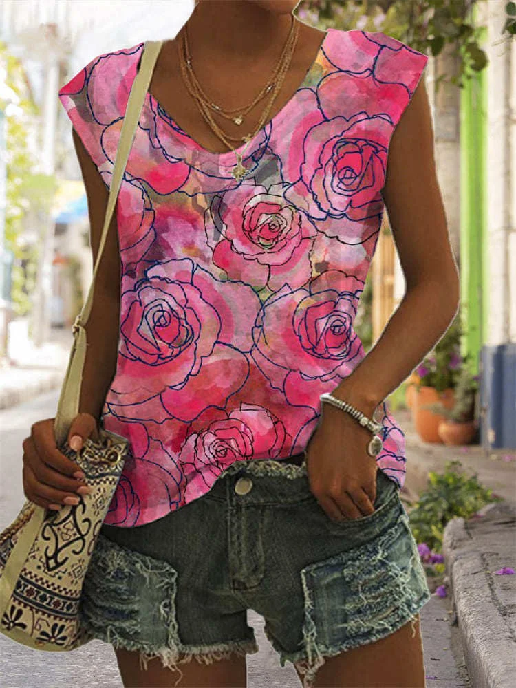 Women plus size clothing Women's Summer Sleeveless V-neck Printed Casual Fashion Tops-Nordswear