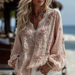 Women's Floral Embroidery Lace Linen Blend T-shirt - Image 2