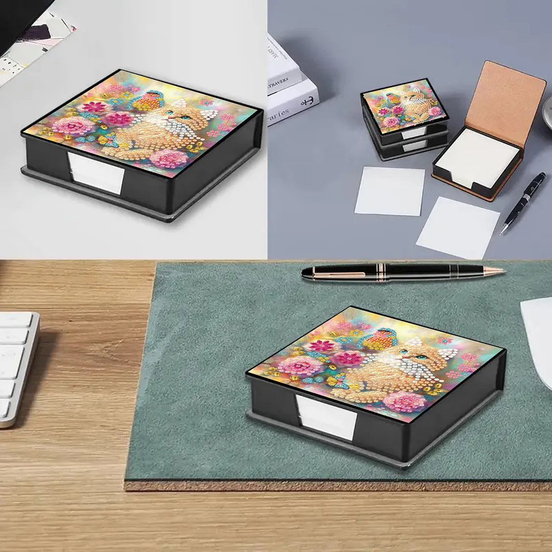 4Pcs Cat 5D DIY PU Diamond Painting Kit Office Note Box with 160 Sheets Paper