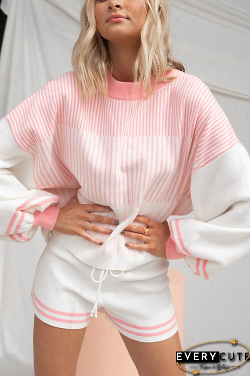 Gradient Stripe Puff Sleeve Sweater Shorts Set