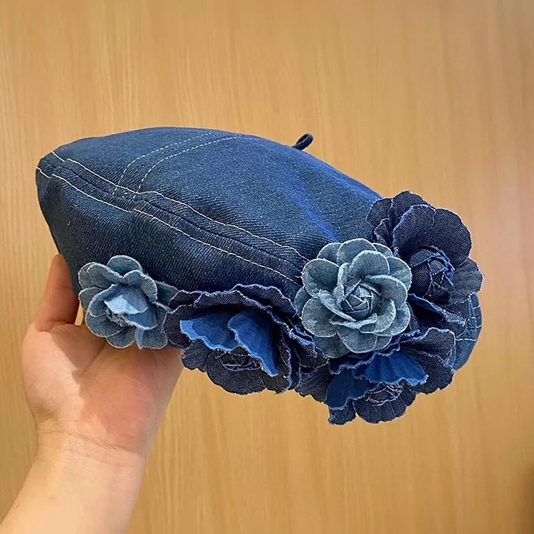 Fashion Color Block 3D Floral Denim Beret