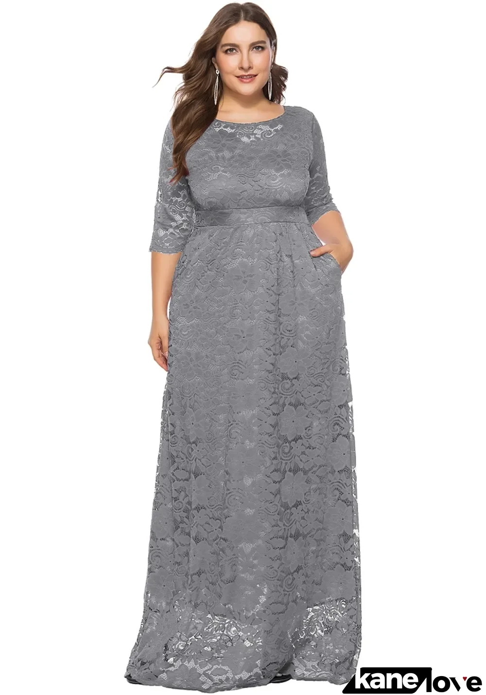Spring Elegant Plus Size Gray Full Lace Round Neck Half Sleeve Formal Evening Dress