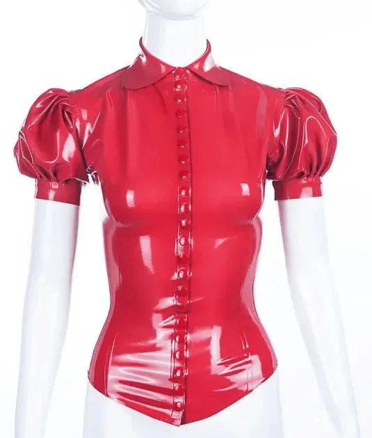 Women Latex Tops Fold-Over Collar & Puffy Sleeves Red Blouse