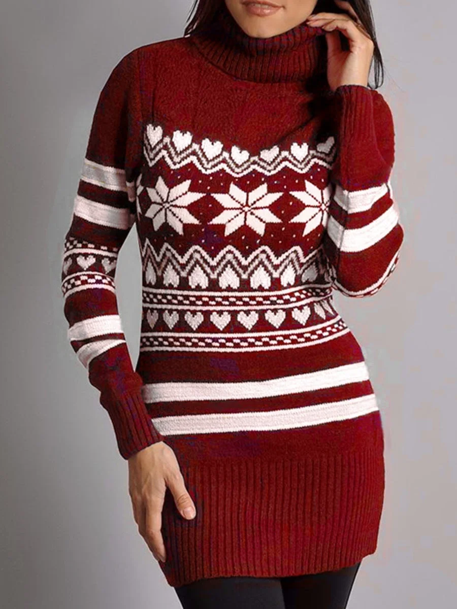 Women Christmas Snowflake Turtleneck Sweater Dress