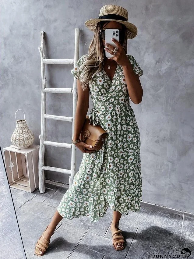 Casual Dress Wrap Dress Floral Dress Midi Dress Black Pink Blue Short Sleeve Floral Lace up Summer Spring V Neck Vacation Vacation Summer Dress S M L XL XXL for Women