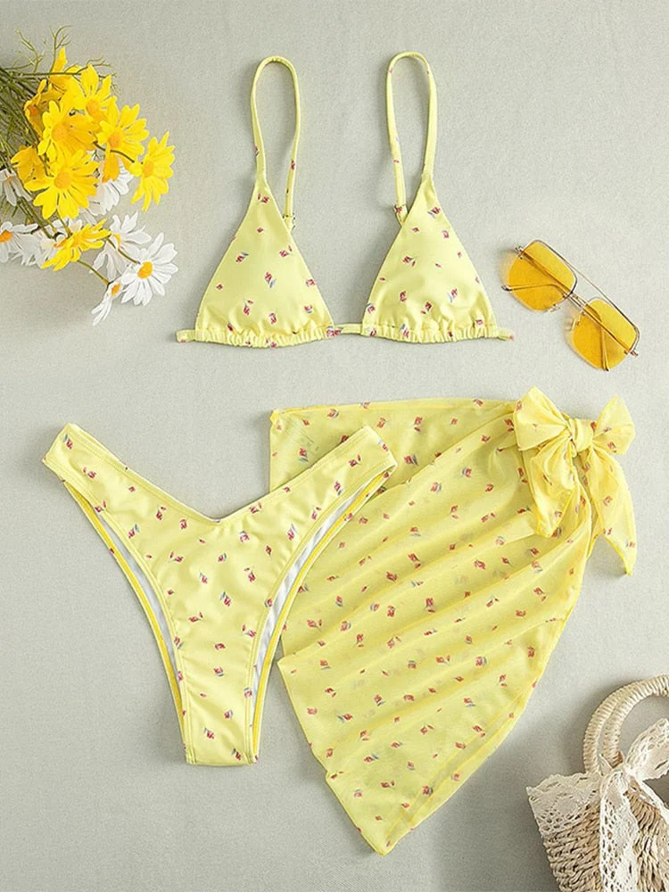 Peachtan Mesh 3 Pieces Bikini Set Floral Print Swimwear Female Traingle Swimsuit Women String Swimming Suit Bathing Suit 2022