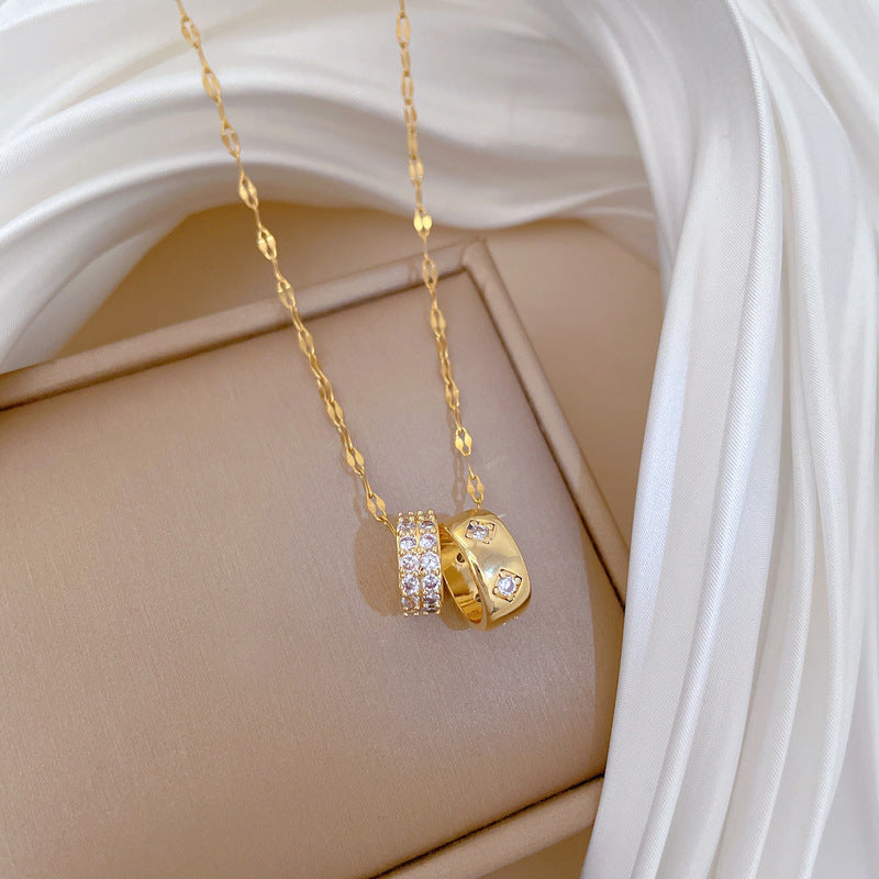 Double Ring Small Waist Full Diamond Fashion Gorgeous Full Diamond Necklace Female Versatile Clavicle Chain