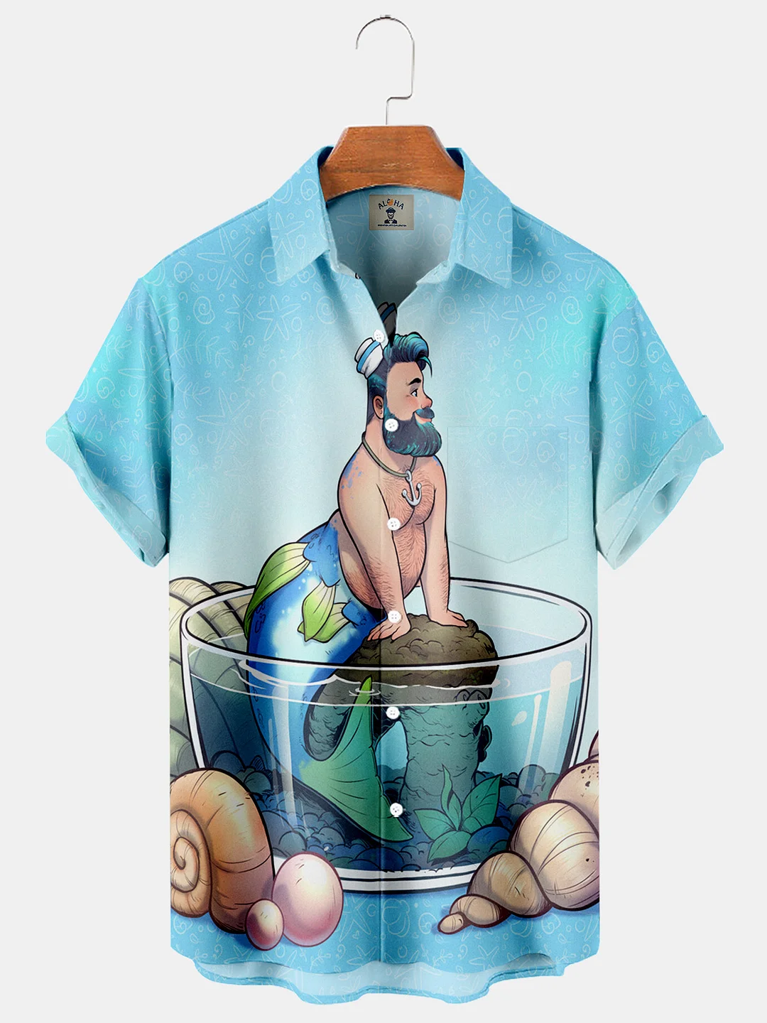 Retro Cartoon Fun Ocean Mermaid Print Pocket Short Sleeve Shirt