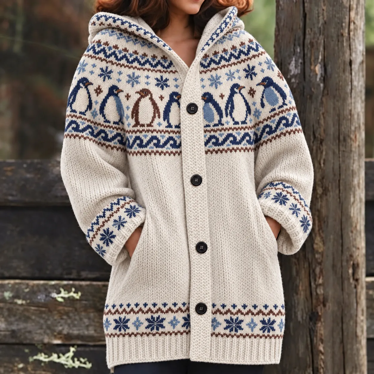 Comstylish Women's Vintage-style Icelandic Penguin Jacquard Hooded Cardigan