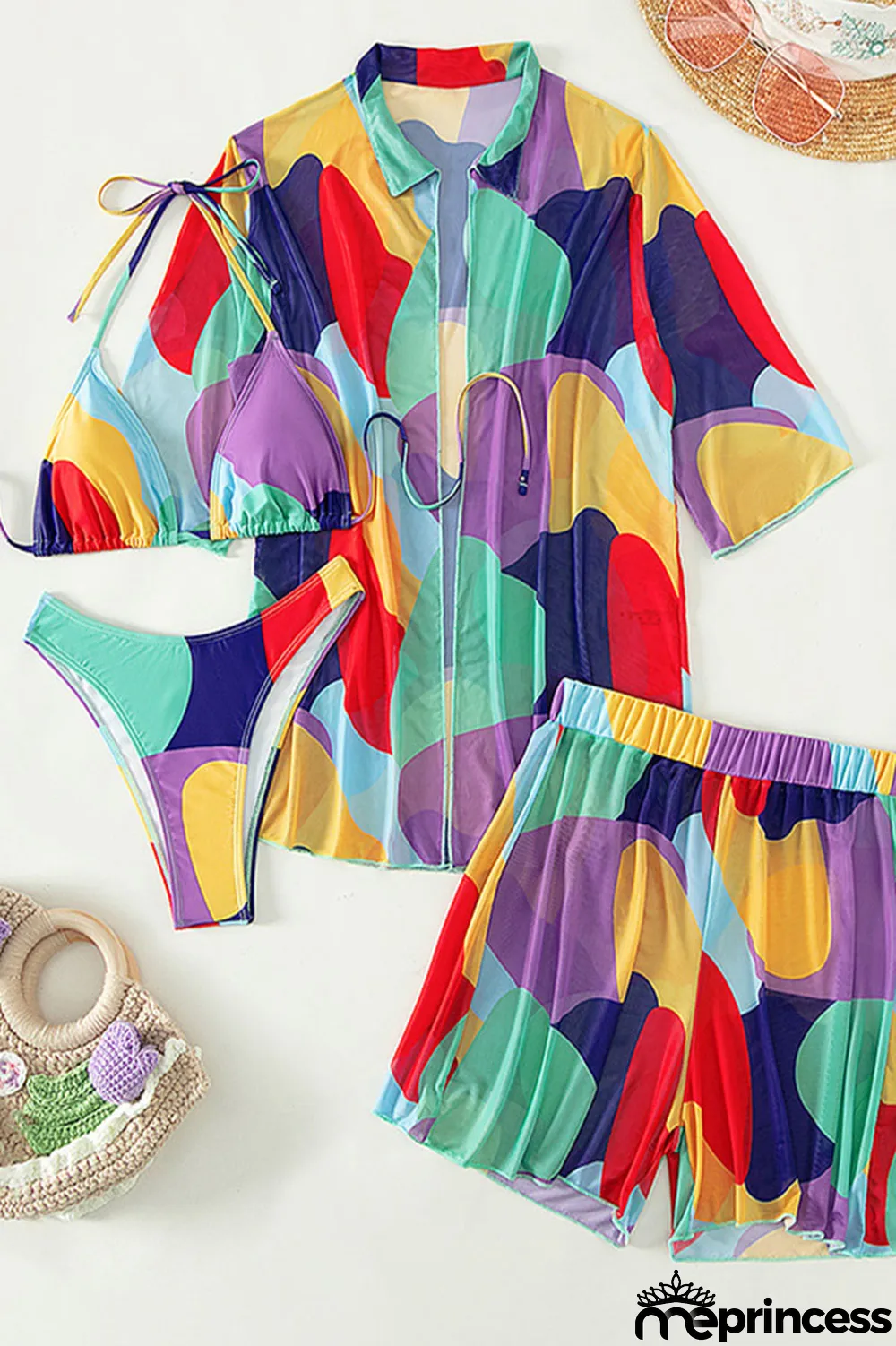 Colour Casual Vacation Print Patchwork Turndown Collar Short Sleeve Four Pieces