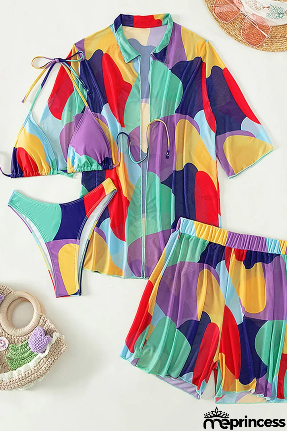 Colour Casual Vacation Print Patchwork Turndown Collar Short Sleeve Four Pieces