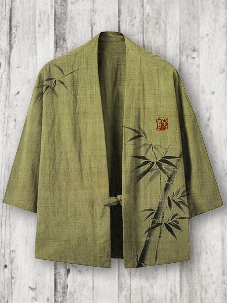 Comstylish Simple Bamboo Japanese Art Linen Blend Kimono Cardigan