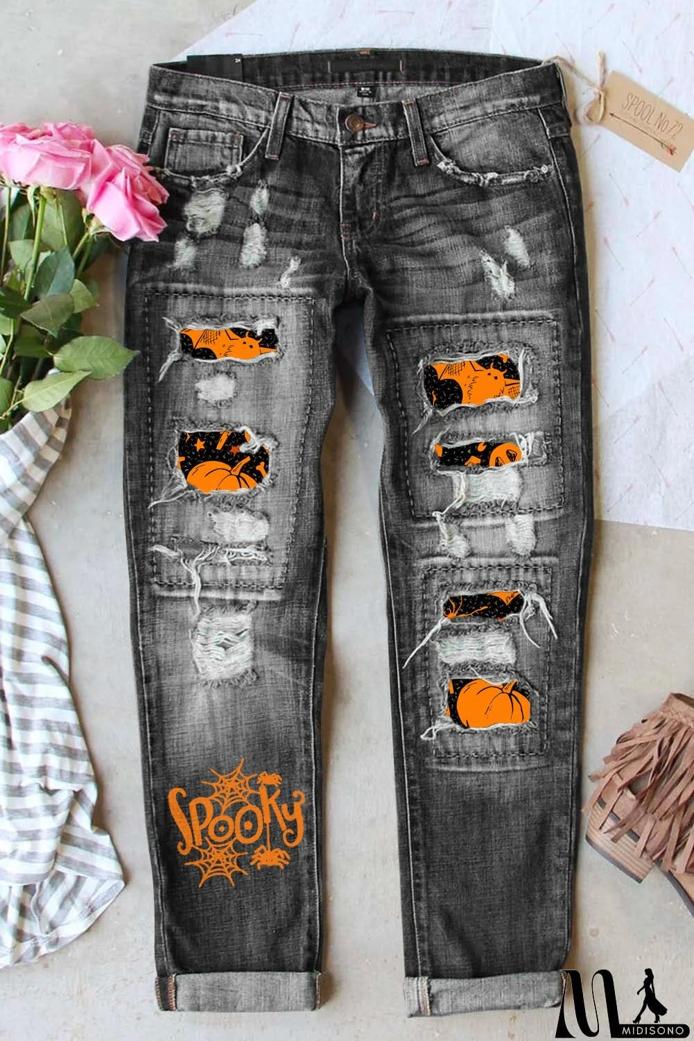 MidiSono - Spooky Pumpkin Graphic Contrast Distressed Jeans