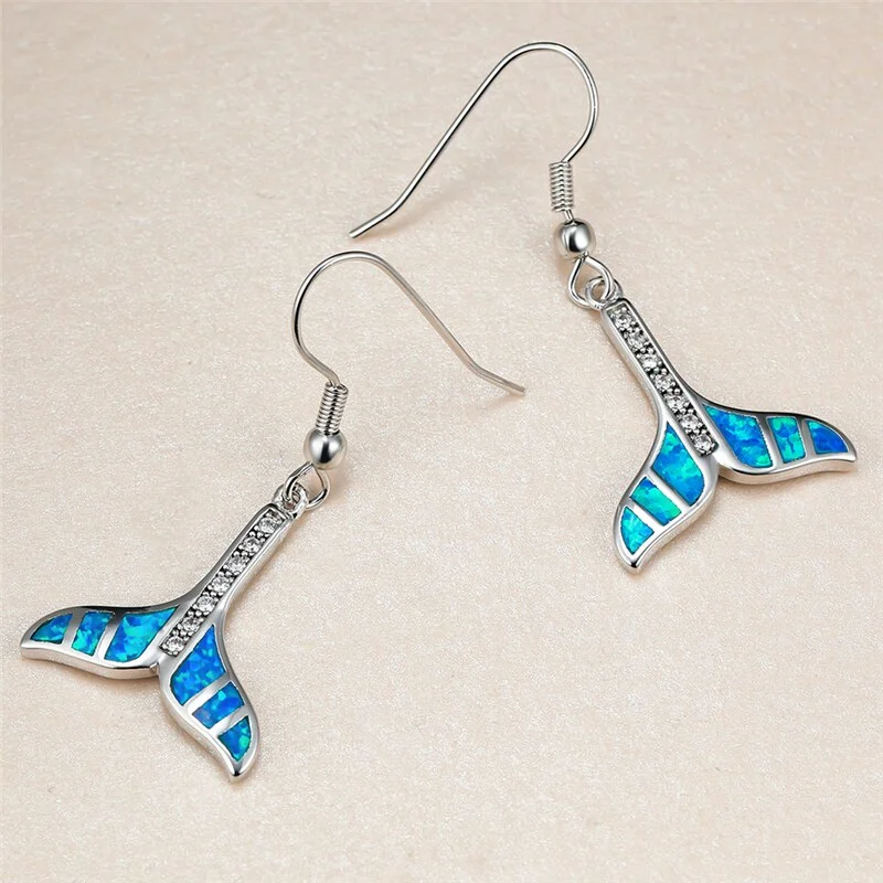 Boho Female Blue Opal Drop Earrings Classic Silver Color Wedding Earrings Charm Crystal Fish Tail Dangle Earrings For Women