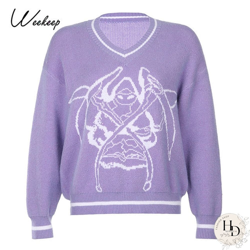 Weekeep Y2K Chic Print Streetwear Oversized Sweater Women's Casual Autumn Winter Knitted Jumper Fashion Loose Knitwear Pullovers