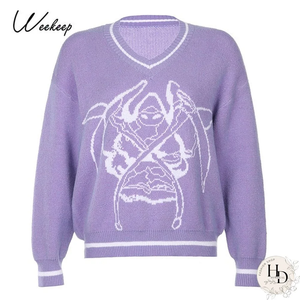 Weekeep Y2K Chic Print Streetwear Oversized Sweater Women's Casual Autumn Winter Knitted Jumper Fashion Loose Knitwear Pullovers